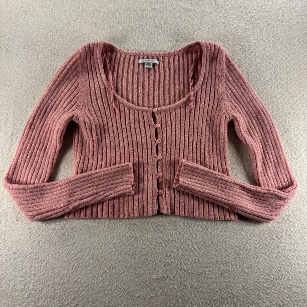 American Eagle Cardigan Womens Med Pink Ribbed Scoop Neck Button Up Y2K Preppy
